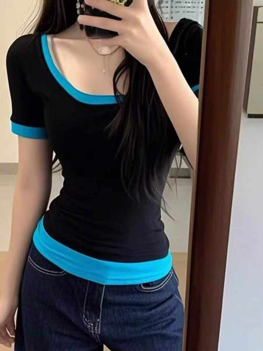 280 Pieces Sexy U-neck Colorblock Fake Two-piece Stretch T-shirt - Image 2