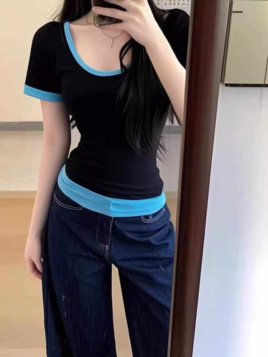 280 Pieces Sexy U-neck Colorblock Fake Two-piece Stretch T-shirt - Image 3