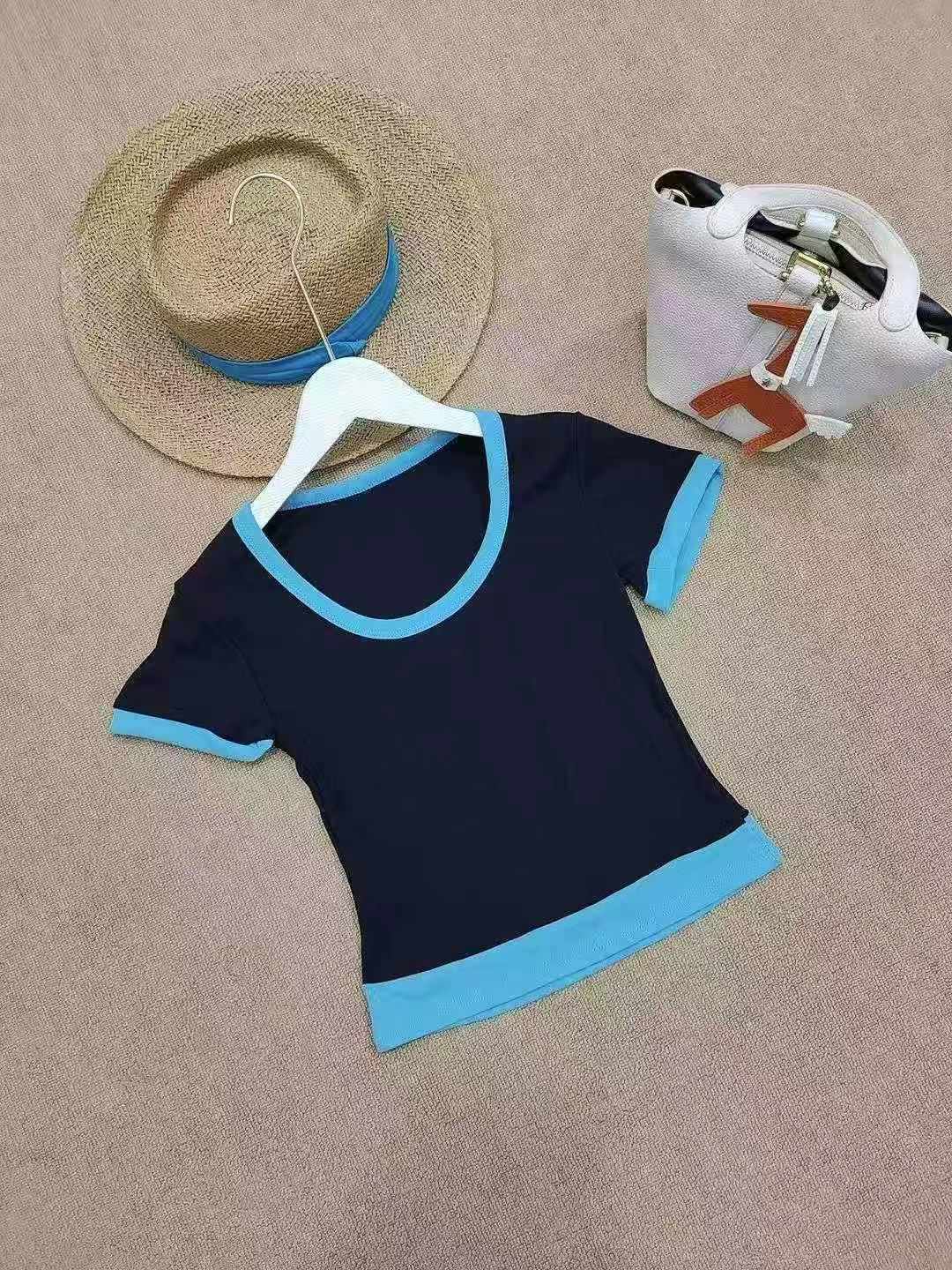 280 Pieces Sexy U-neck Colorblock Fake Two-piece Stretch T-shirt - Image 4