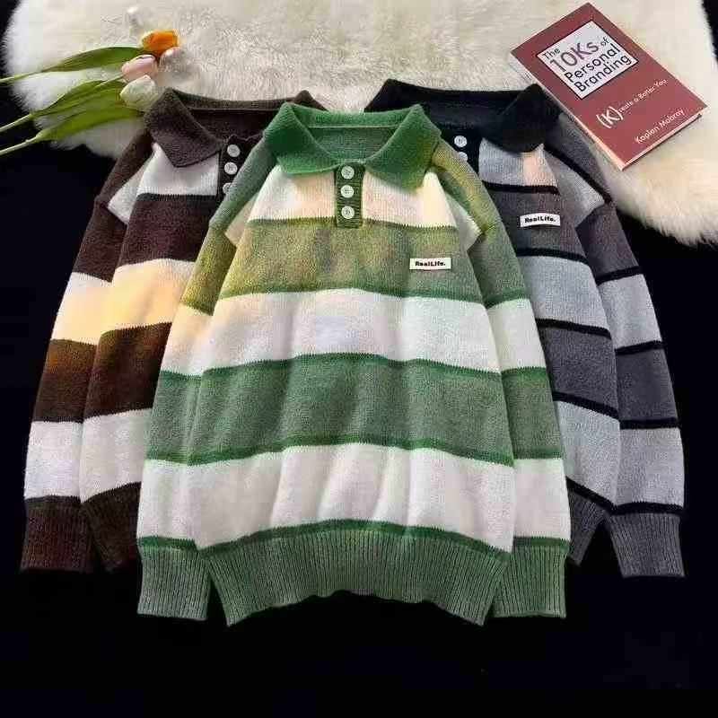 300pcs American Oversize Lapel Stripe Thickened Unisex Knit Sweater - Image 3