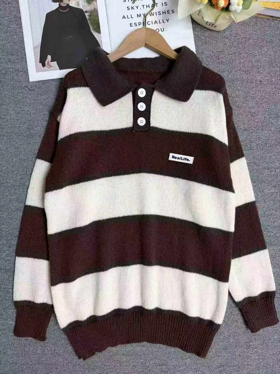 300pcs American Oversize Lapel Stripe Thickened Unisex Knit Sweater - Image 6