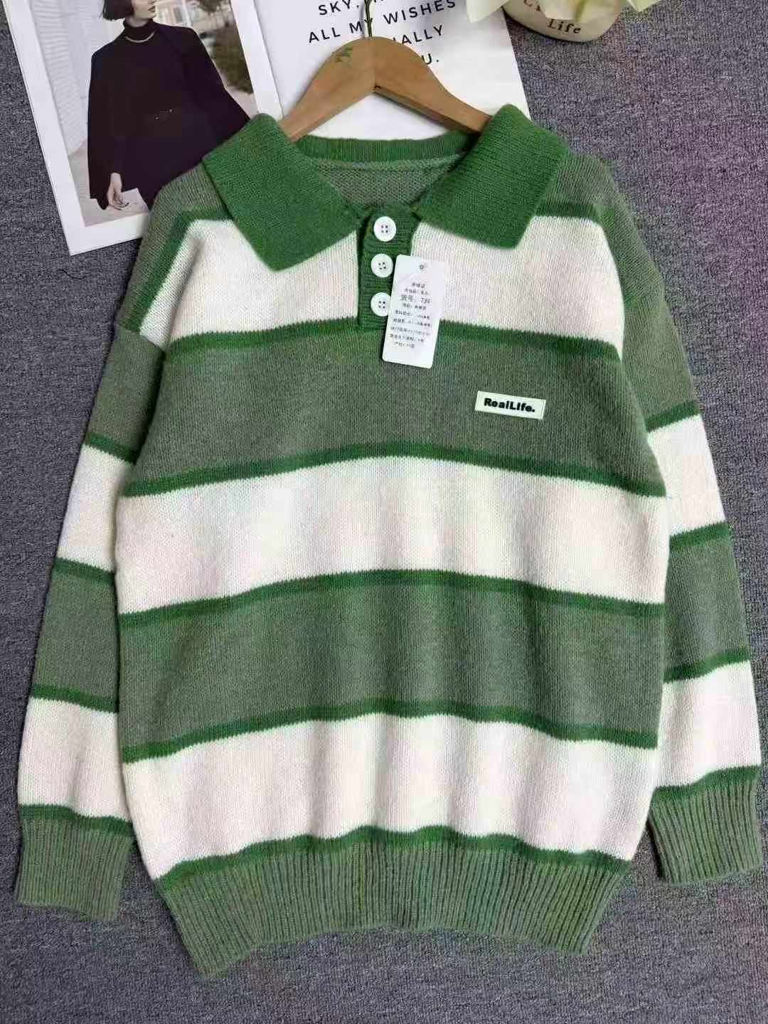 300pcs American Oversize Lapel Stripe Thickened Unisex Knit Sweater - Image 7