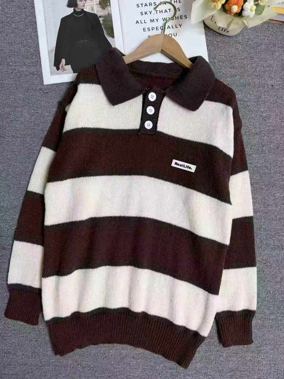 300pcs American Oversize Lapel Stripe Thickened Unisex Knit Sweater - Image 8