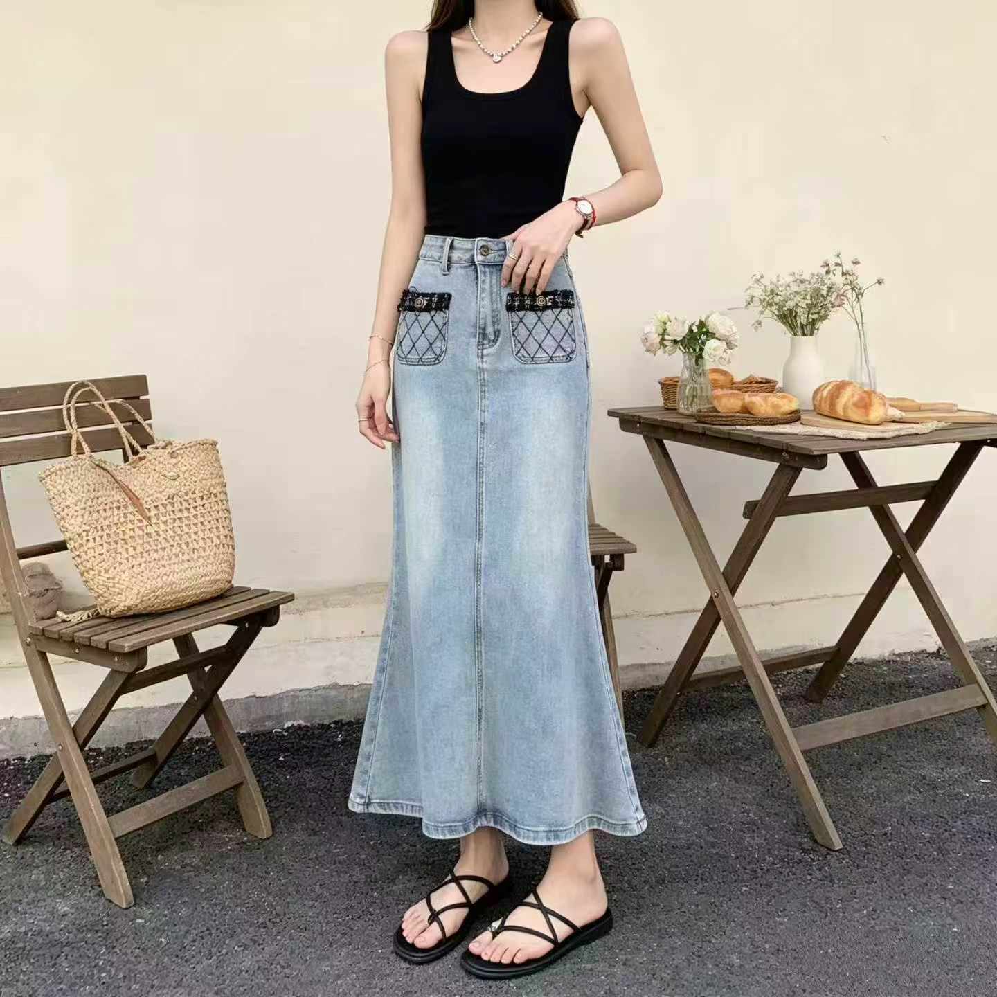 High Elasticity High Waist Slit Midi Denim Mermaid Skirt for Women 167 Pieces - Image 2