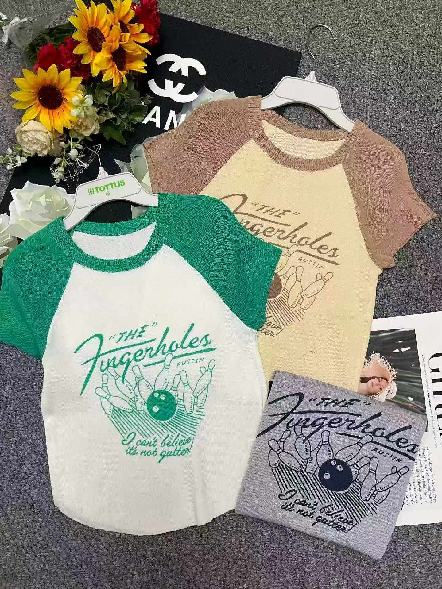 T-shirt Lengan Pendek Rajut Cetakan Vintaj Blok Warna Gaya Amerika Baharu Musim Panas, 372 Helai - Image 3