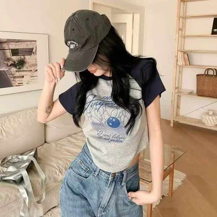 T-shirt Lengan Pendek Rajut Cetakan Vintaj Blok Warna Gaya Amerika Baharu Musim Panas, 372 Helai - Image 4