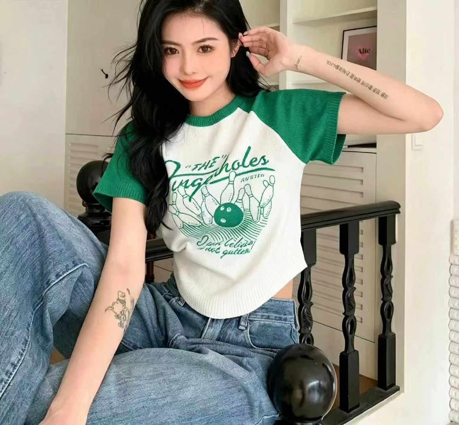 T-shirt Lengan Pendek Rajut Cetakan Vintaj Blok Warna Gaya Amerika Baharu Musim Panas, 372 Helai - Image 5