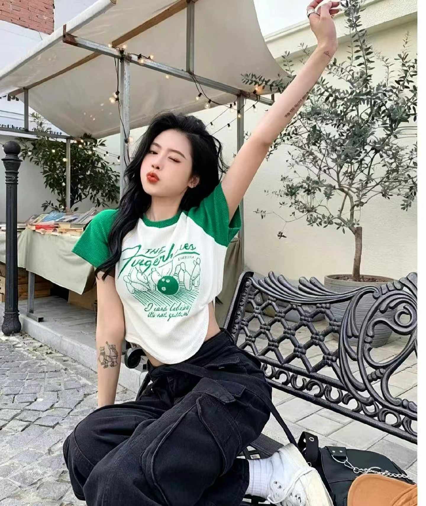 T-shirt Lengan Pendek Rajut Cetakan Vintaj Blok Warna Gaya Amerika Baharu Musim Panas, 372 Helai - Image 6