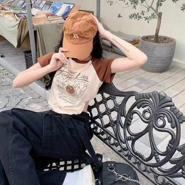 T-shirt Lengan Pendek Rajut Cetakan Vintaj Blok Warna Gaya Amerika Baharu Musim Panas, 372 Helai - Image 8