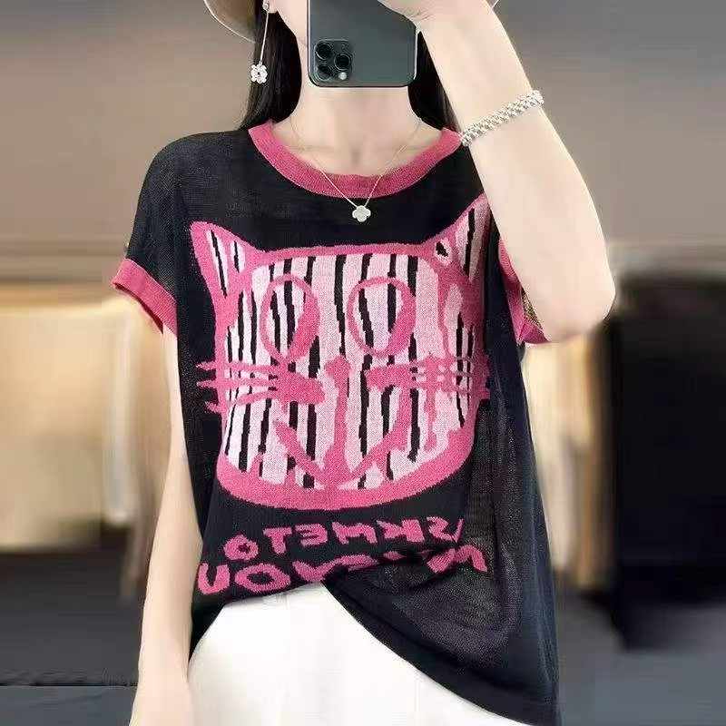Top de punto holgado de verano con diseño de bloques de color y jacquard de gato 1250 piezas - Image 8