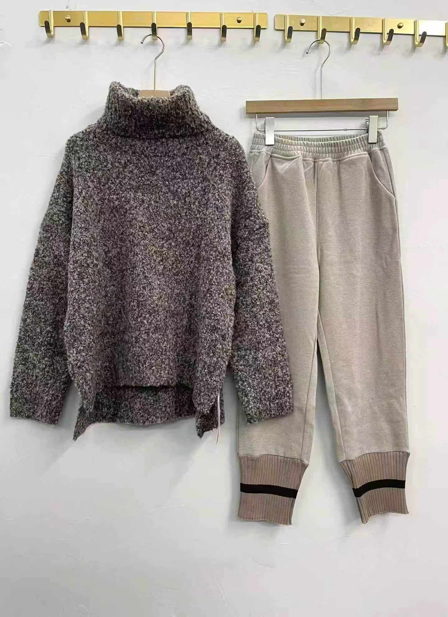 62 Set Pakaian Seiras Sweater Leher Tinggi Tebal Bahan Benang Berbintik Kitar Semula & Seluar Kaki Lebar - Image 3