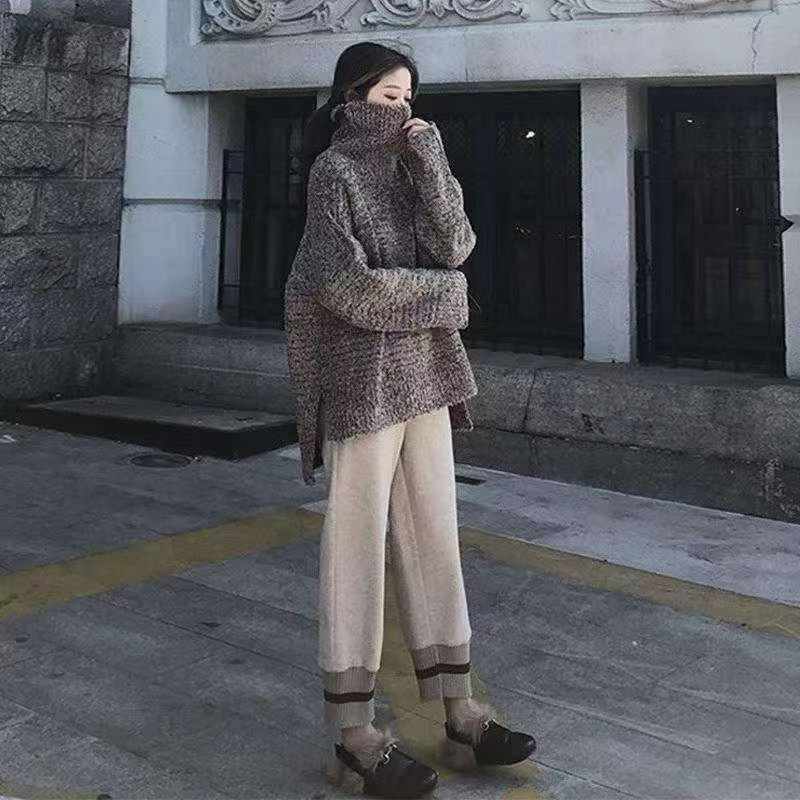 62 Set Pakaian Seiras Sweater Leher Tinggi Tebal Bahan Benang Berbintik Kitar Semula & Seluar Kaki Lebar - Image 5