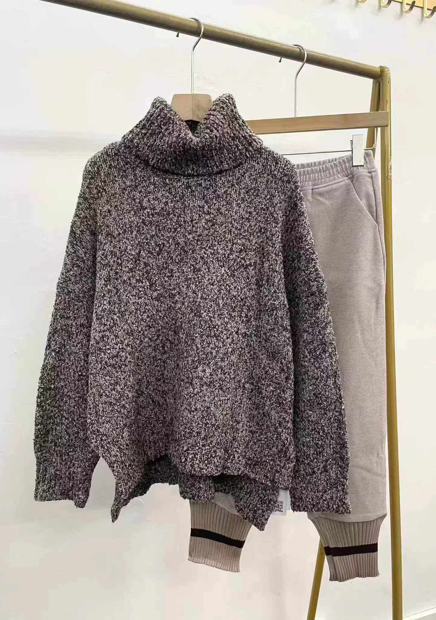 62 Set Pakaian Seiras Sweater Leher Tinggi Tebal Bahan Benang Berbintik Kitar Semula & Seluar Kaki Lebar - Image 7
