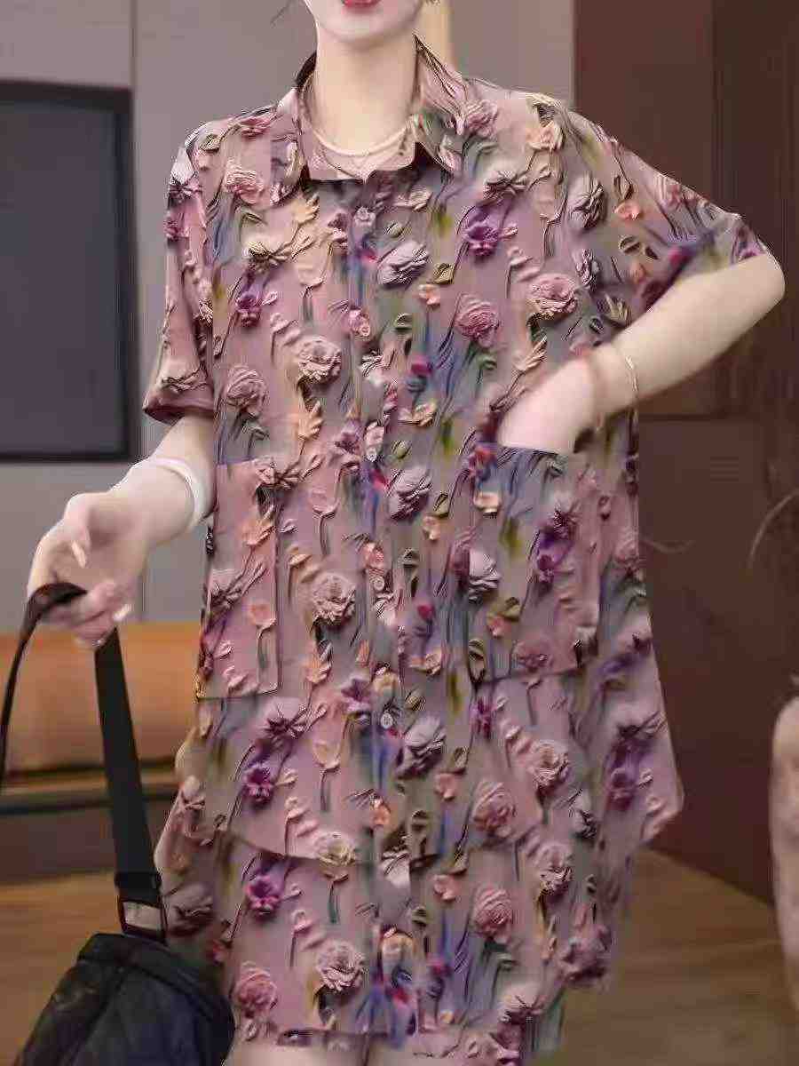 Clearance 1568 Sets Fashion Loose Button Shirt & Shorts Two Piece Set - Image 3