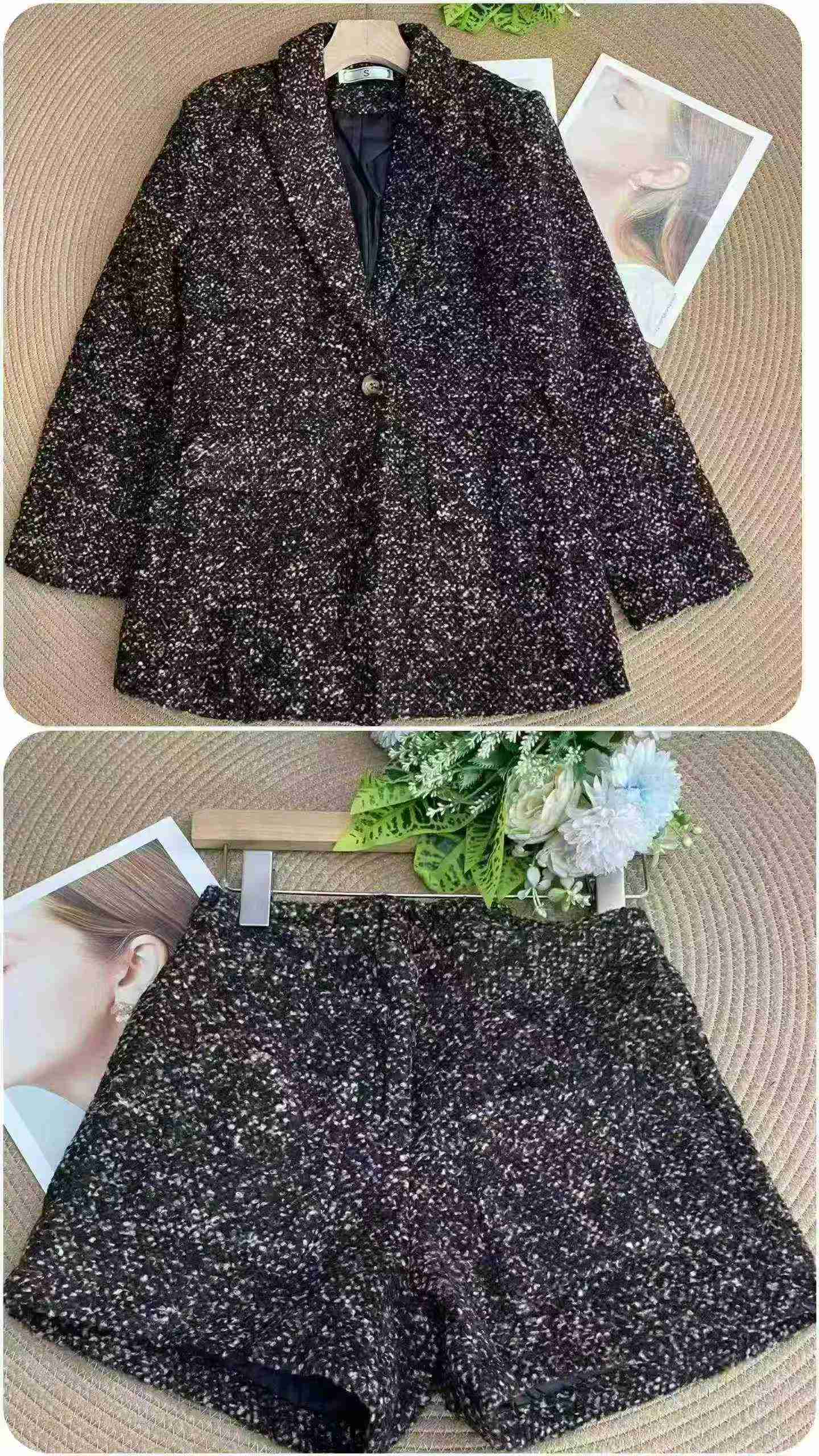 152 Set Dua Keping Blazer Tweed Wol Kitar Semula dan Seluar Pendek - Image 7