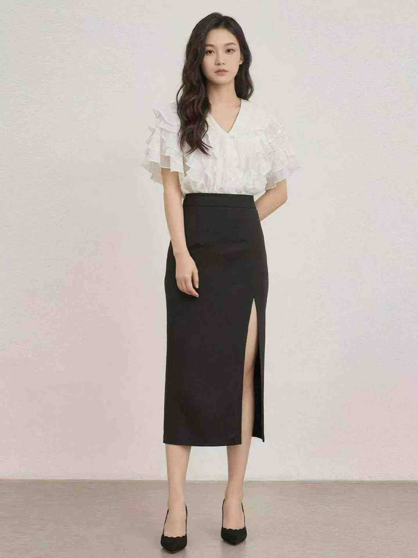 96 Keping Skirt Midi Belahan Slim Ringkas Bahan Kitar Semula Dengan Lapisan Dalaman - Image 5