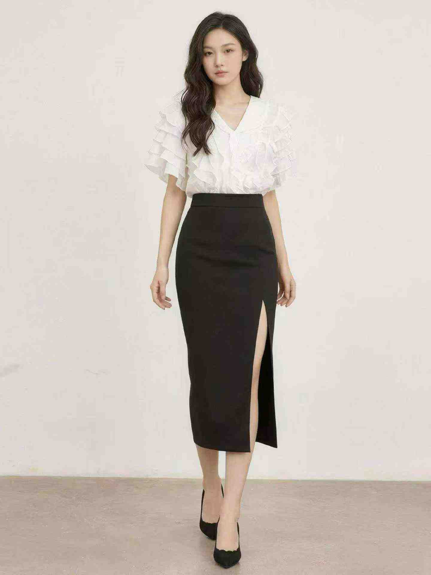 96 Keping Skirt Midi Belahan Slim Ringkas Bahan Kitar Semula Dengan Lapisan Dalaman - Image 7