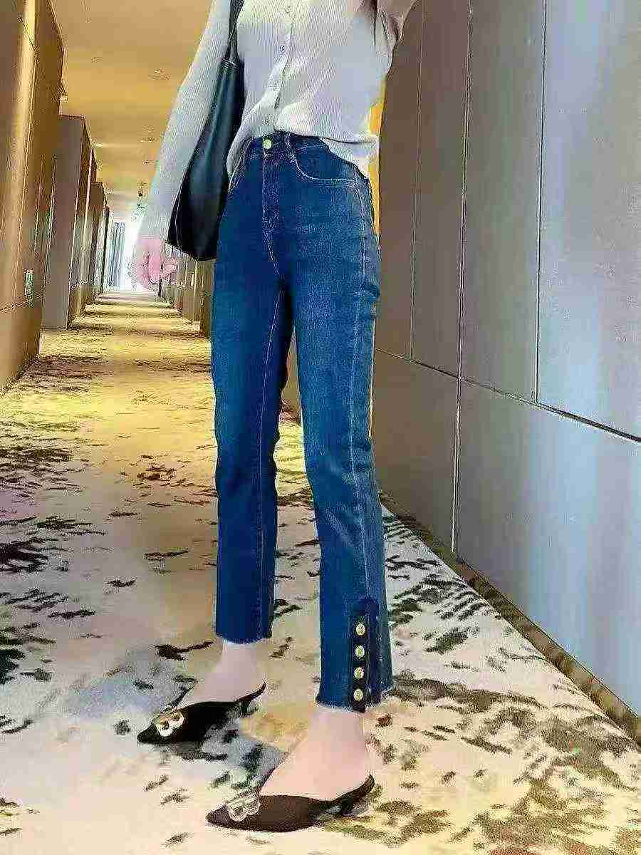 Women's Elastic Dark Blue Split Cuff Double Button Slim Cigarette Jeans 232 Pieces - Image 2