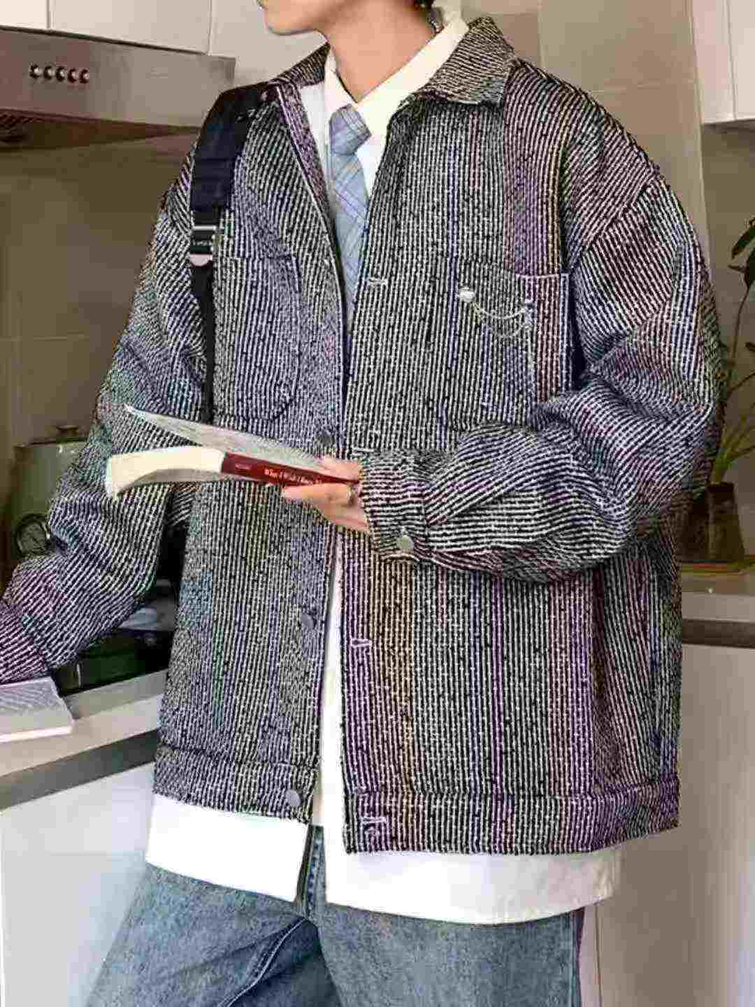 138 Pcs Men's Trendy 2026 New Tweed Style Lapel Loose Casual Long Sleeve Coat - Image 4