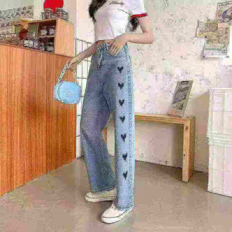 Women's Elastic Heart Embroidered High Waist Cropped Harem Jeans 110PCS Clearance - Image 4