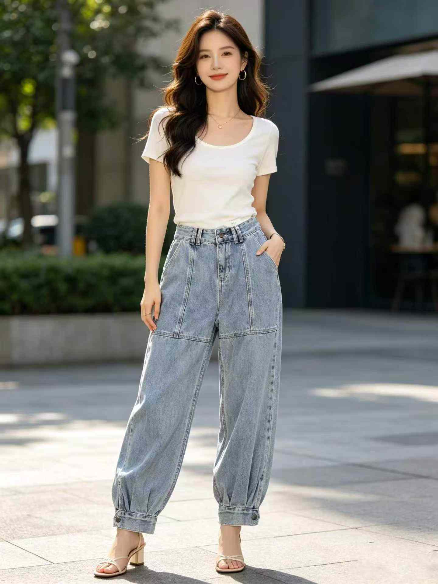 212 Pieces Women's High Waist Loose Side Button Tapered Denim Harem Jeans - Image 2