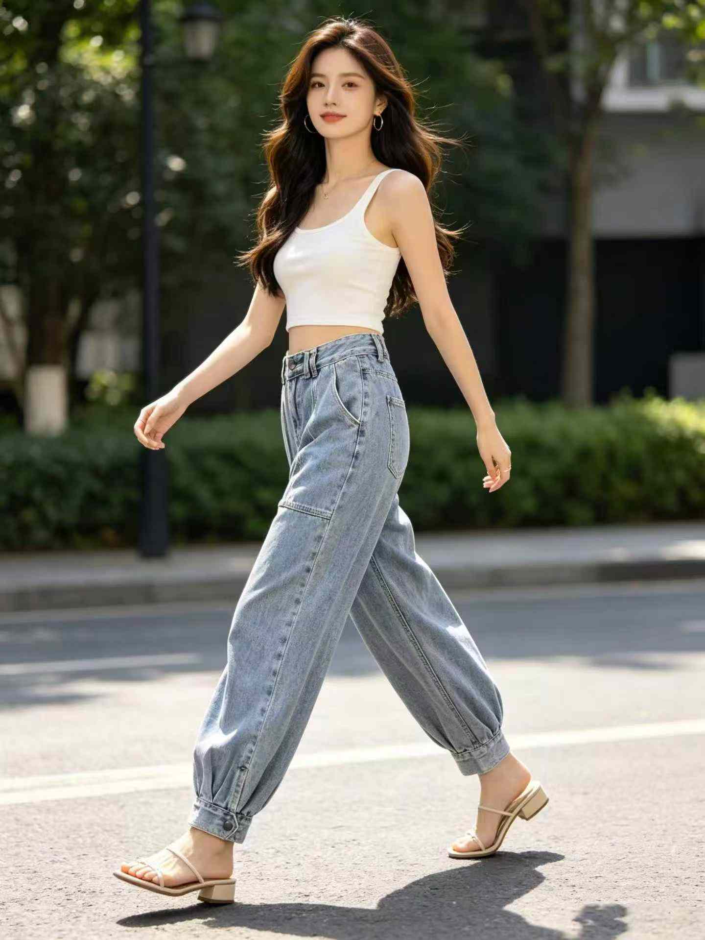 212 Pieces Women's High Waist Loose Side Button Tapered Denim Harem Jeans - Image 3