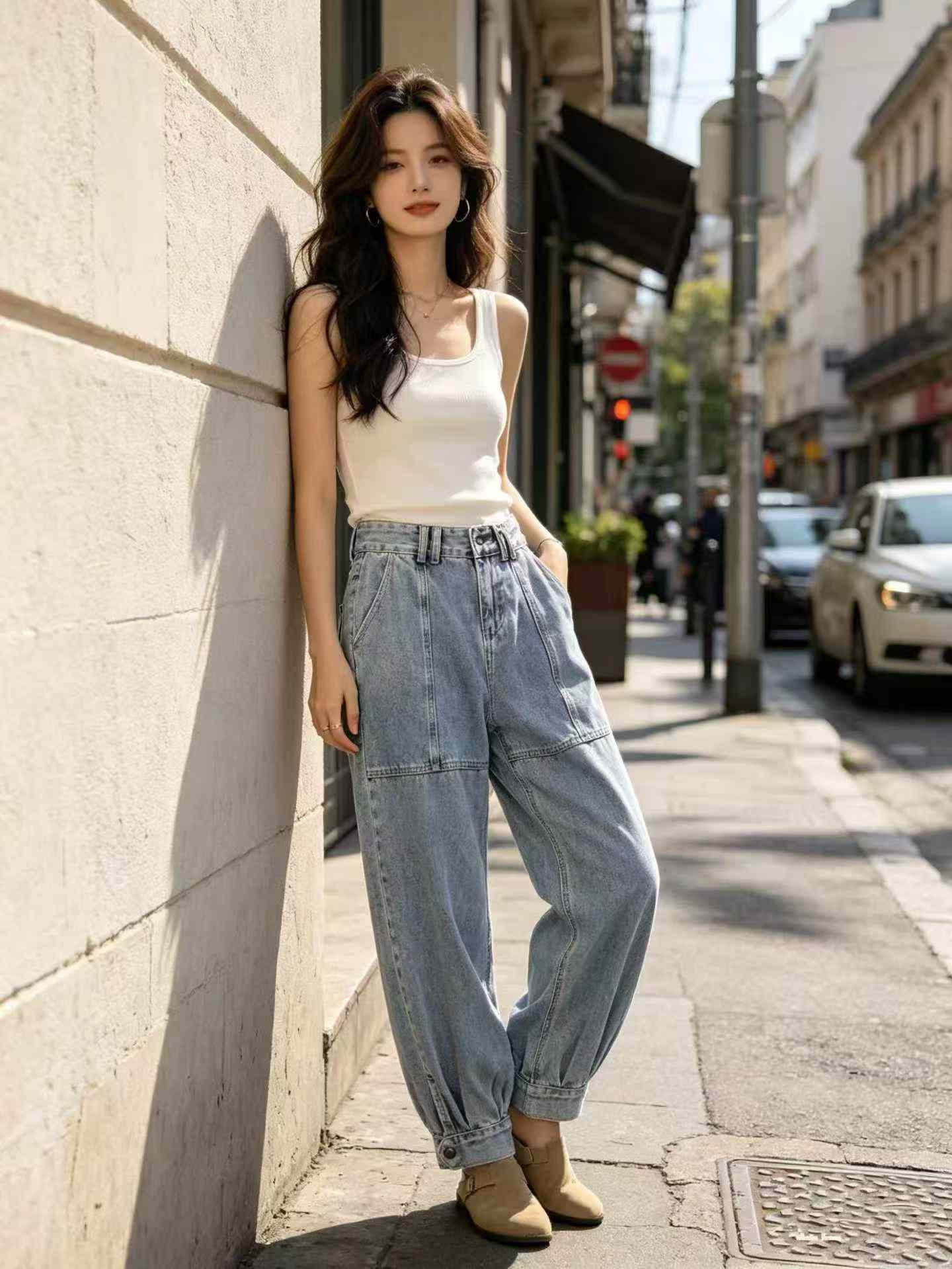 212 Pieces Women's High Waist Loose Side Button Tapered Denim Harem Jeans - Image 4