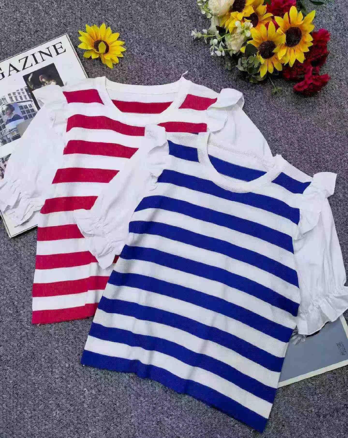 Nouveauté d'été : T-shirts tendance amples en maille à rayures colorblock à manches courtes, 300 pièces - Image 4