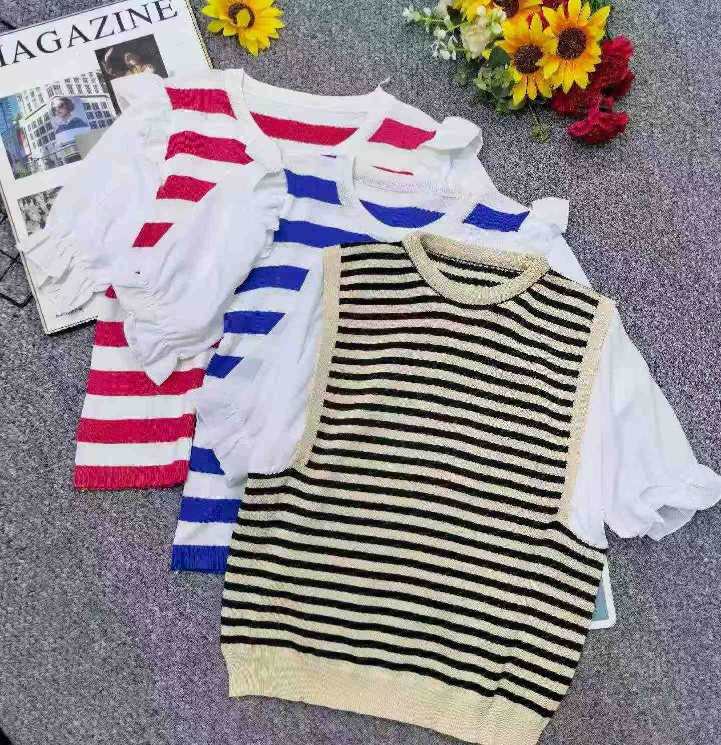 Nouveauté d'été : T-shirts tendance amples en maille à rayures colorblock à manches courtes, 300 pièces - Image 6