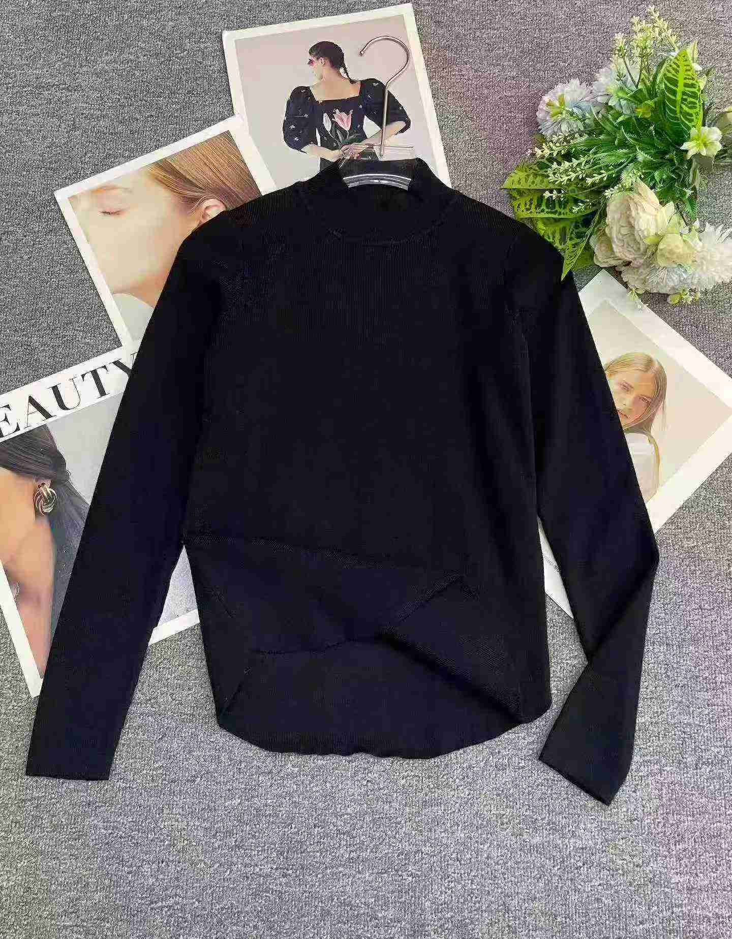 169 Pcs High Quality Black Crew Neck Long Sleeve Irregular Knit Sweater - Image 3
