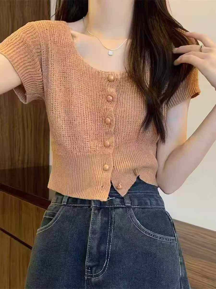 Novo Cardigan de Tricot de Verão de Estilo Coreano, Modelo Cropped com Ajuste de Cintura e Manga Curta, Cerca de 80 Peças - Image 4