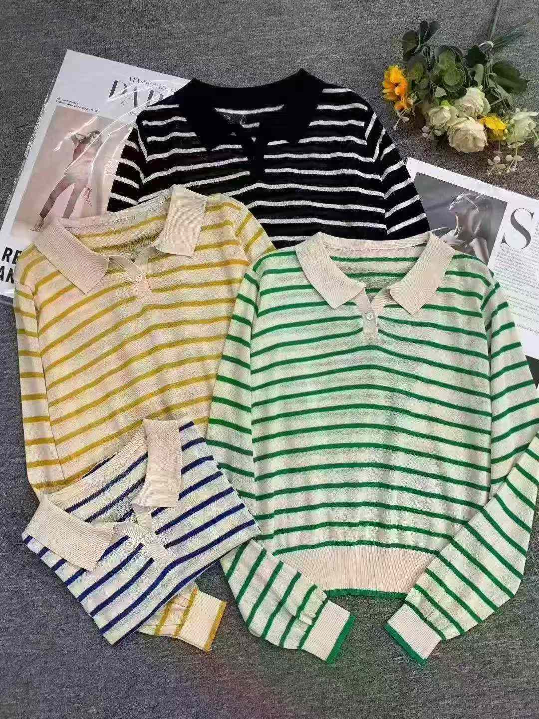About 700 Pieces Early Autumn Korean Contrast Stripe POLO Collar Loose Knit Sweater - Image 2