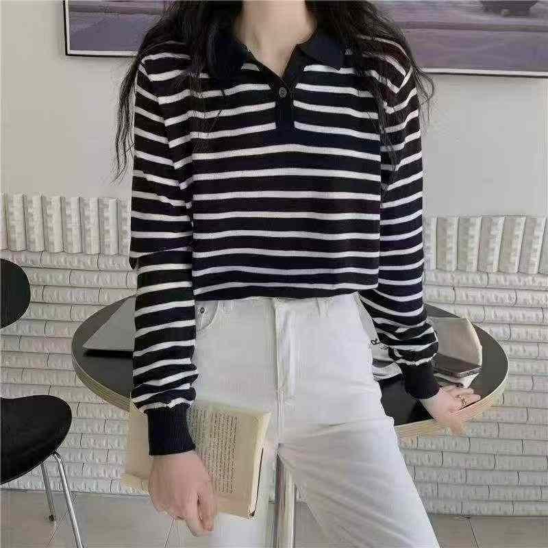 About 700 Pieces Early Autumn Korean Contrast Stripe POLO Collar Loose Knit Sweater - Image 4