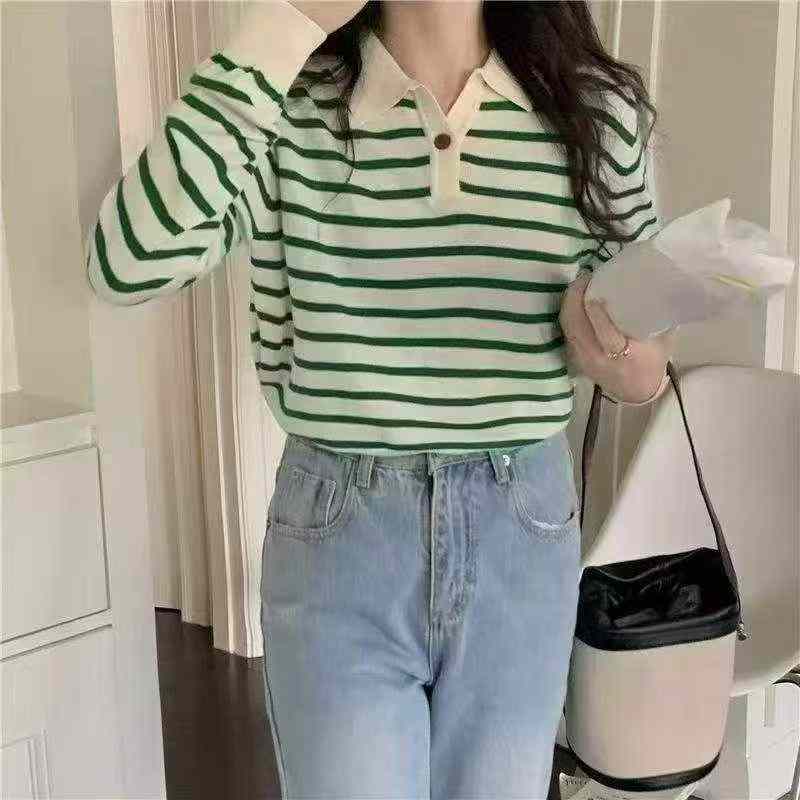 About 700 Pieces Early Autumn Korean Contrast Stripe POLO Collar Loose Knit Sweater - Image 5