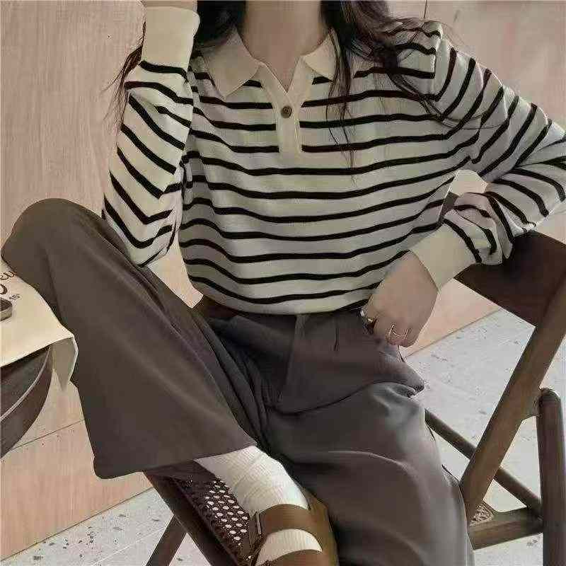 About 700 Pieces Early Autumn Korean Contrast Stripe POLO Collar Loose Knit Sweater - Image 6