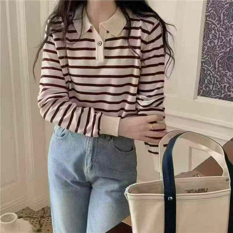 About 700 Pieces Early Autumn Korean Contrast Stripe POLO Collar Loose Knit Sweater - Image 7