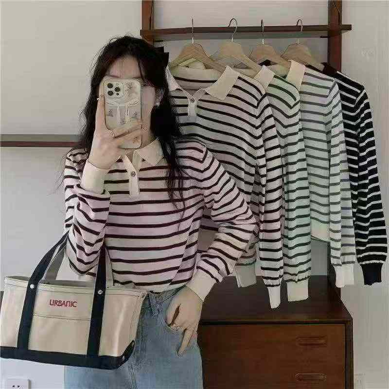 About 700 Pieces Early Autumn Korean Contrast Stripe POLO Collar Loose Knit Sweater - Image 8