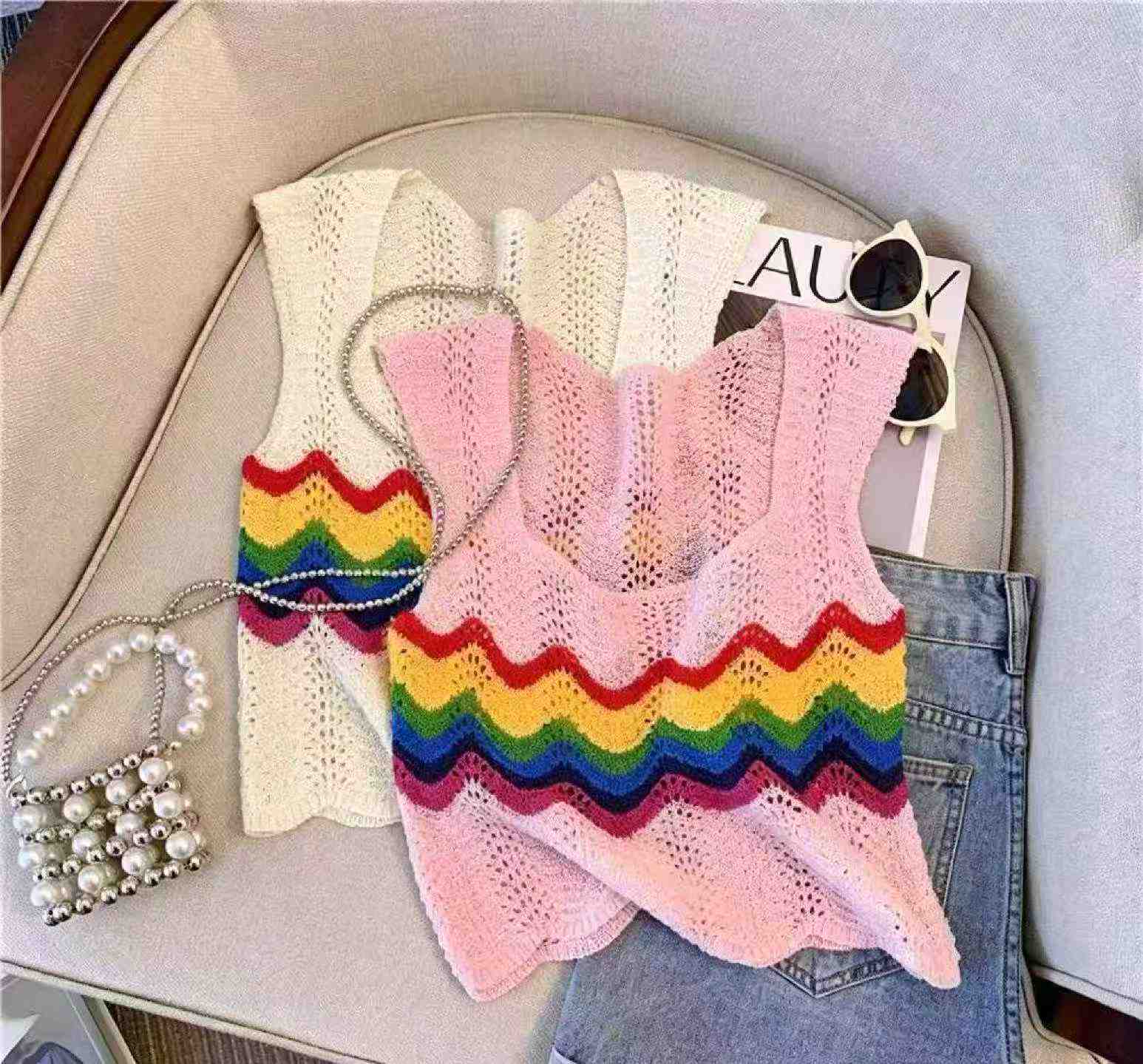 Summer New Rainbow Hollow Out Loose Ice Silk Knit Cami Tank Top 510 Pcs - Image 2