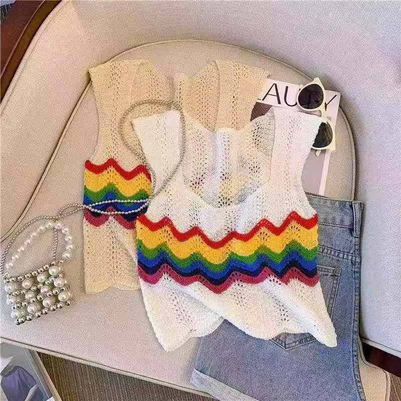 Summer New Rainbow Hollow Out Loose Ice Silk Knit Cami Tank Top 510 Pcs - Image 3