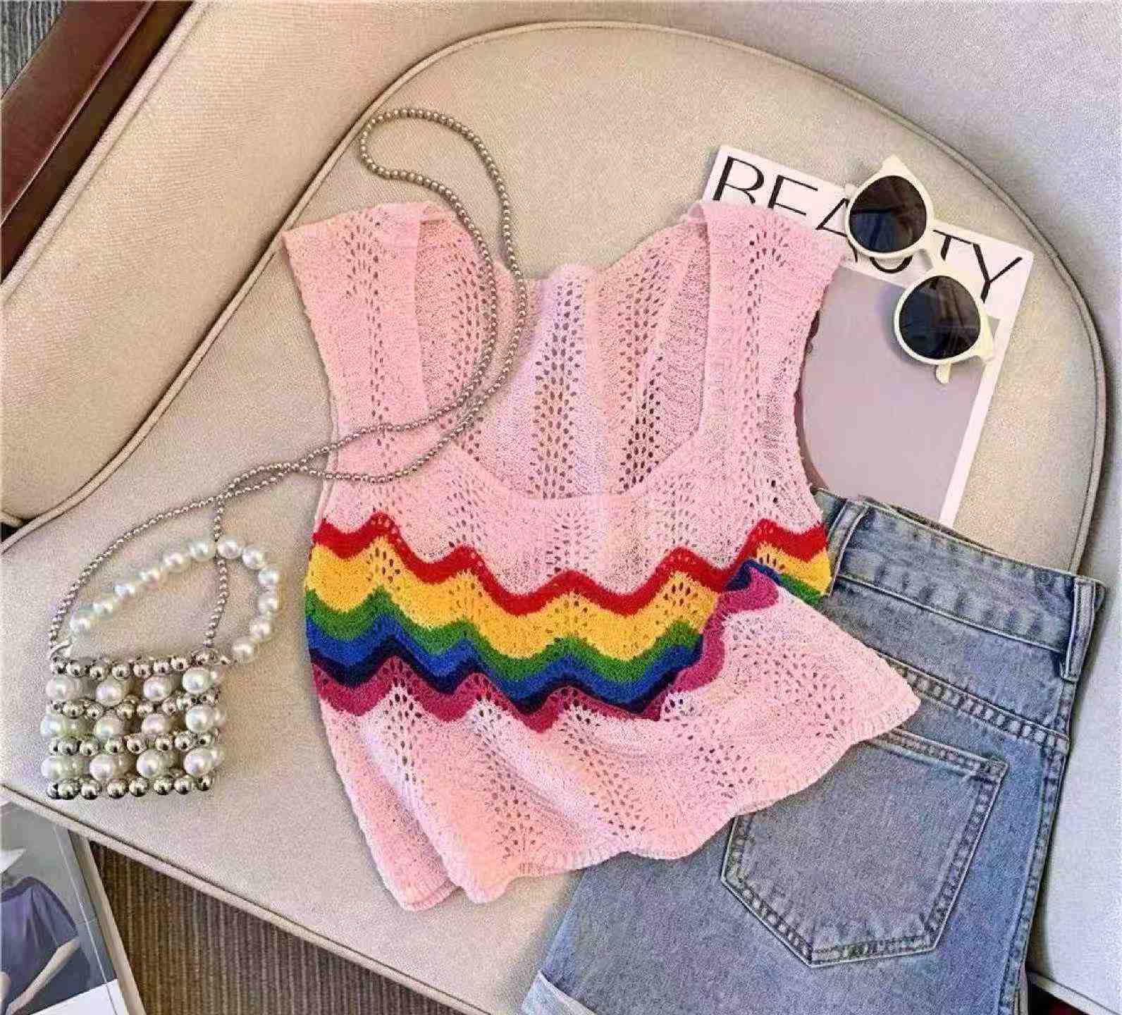 Summer New Rainbow Hollow Out Loose Ice Silk Knit Cami Tank Top 510 Pcs - Image 5