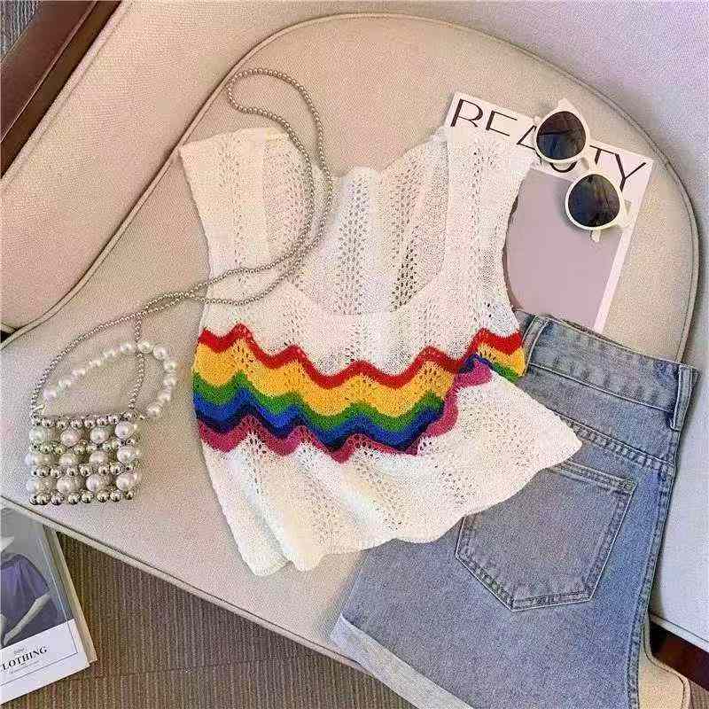 Summer New Rainbow Hollow Out Loose Ice Silk Knit Cami Tank Top 510 Pcs - Image 6