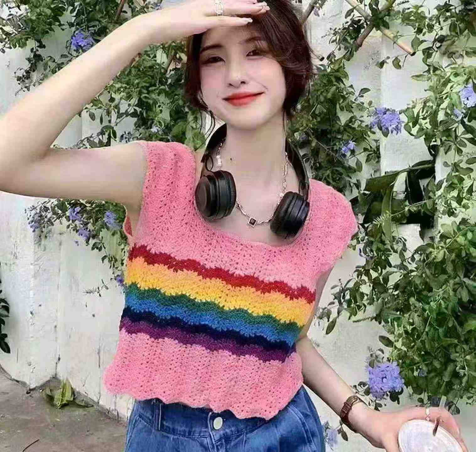 Summer New Rainbow Hollow Out Loose Ice Silk Knit Cami Tank Top 510 Pcs - Image 7