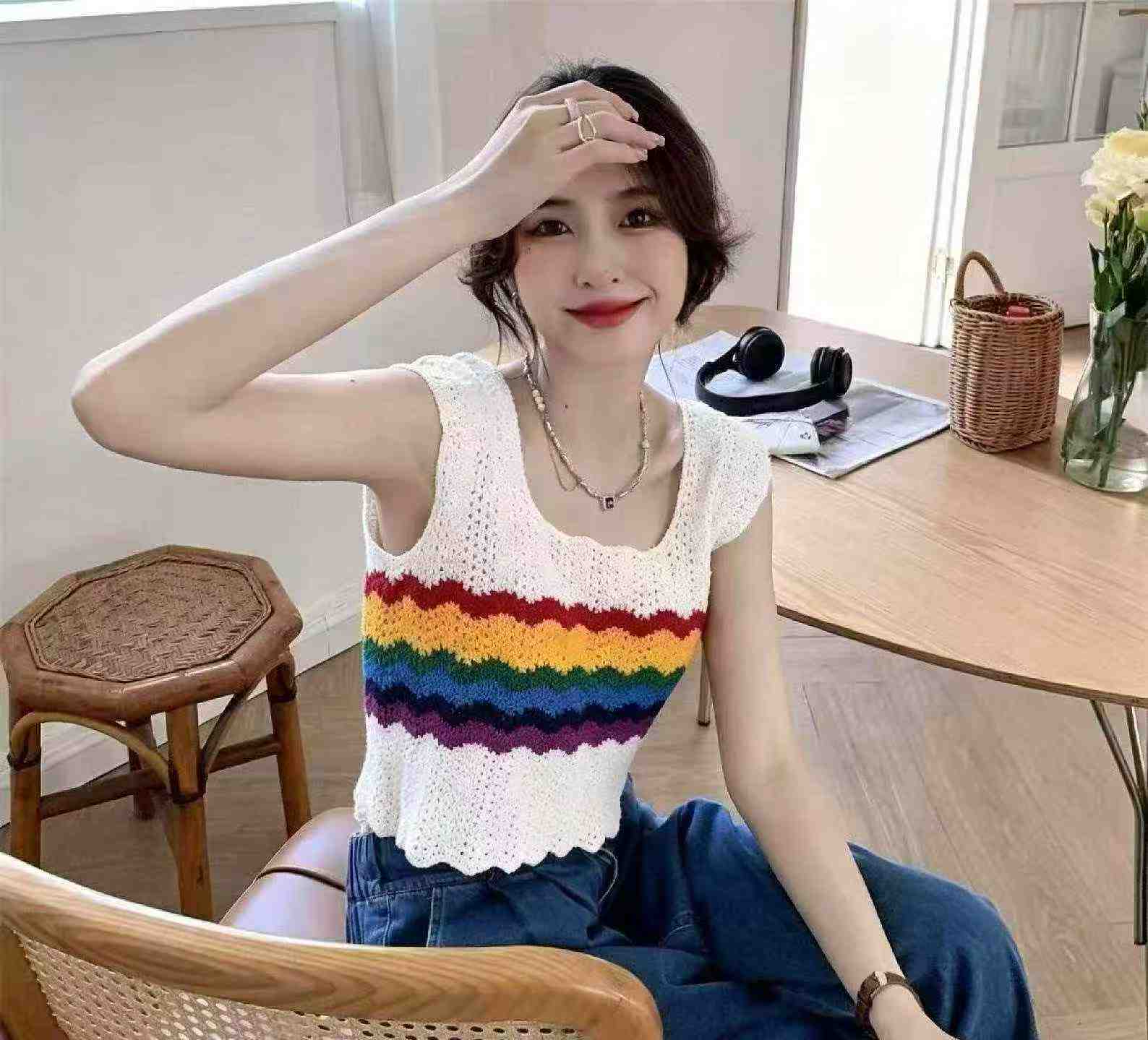 Summer New Rainbow Hollow Out Loose Ice Silk Knit Cami Tank Top 510 Pcs - Image 8