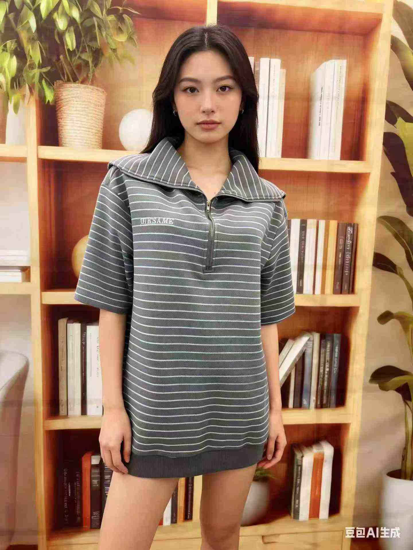 64 Pcs Gray Blue Striped Half Zip Thick Loose Polo Knit Tops - Image 2