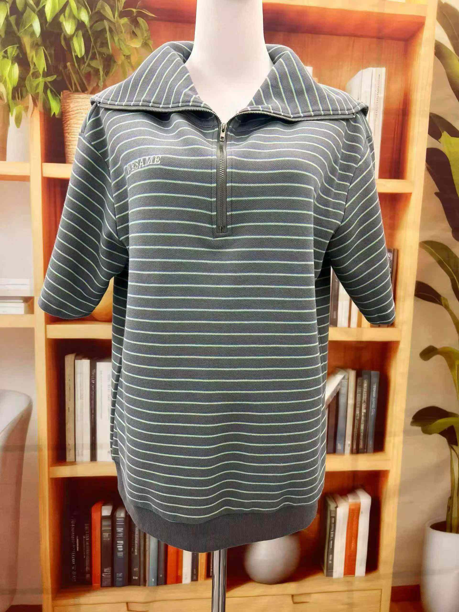 64 Pcs Gray Blue Striped Half Zip Thick Loose Polo Knit Tops - Image 3
