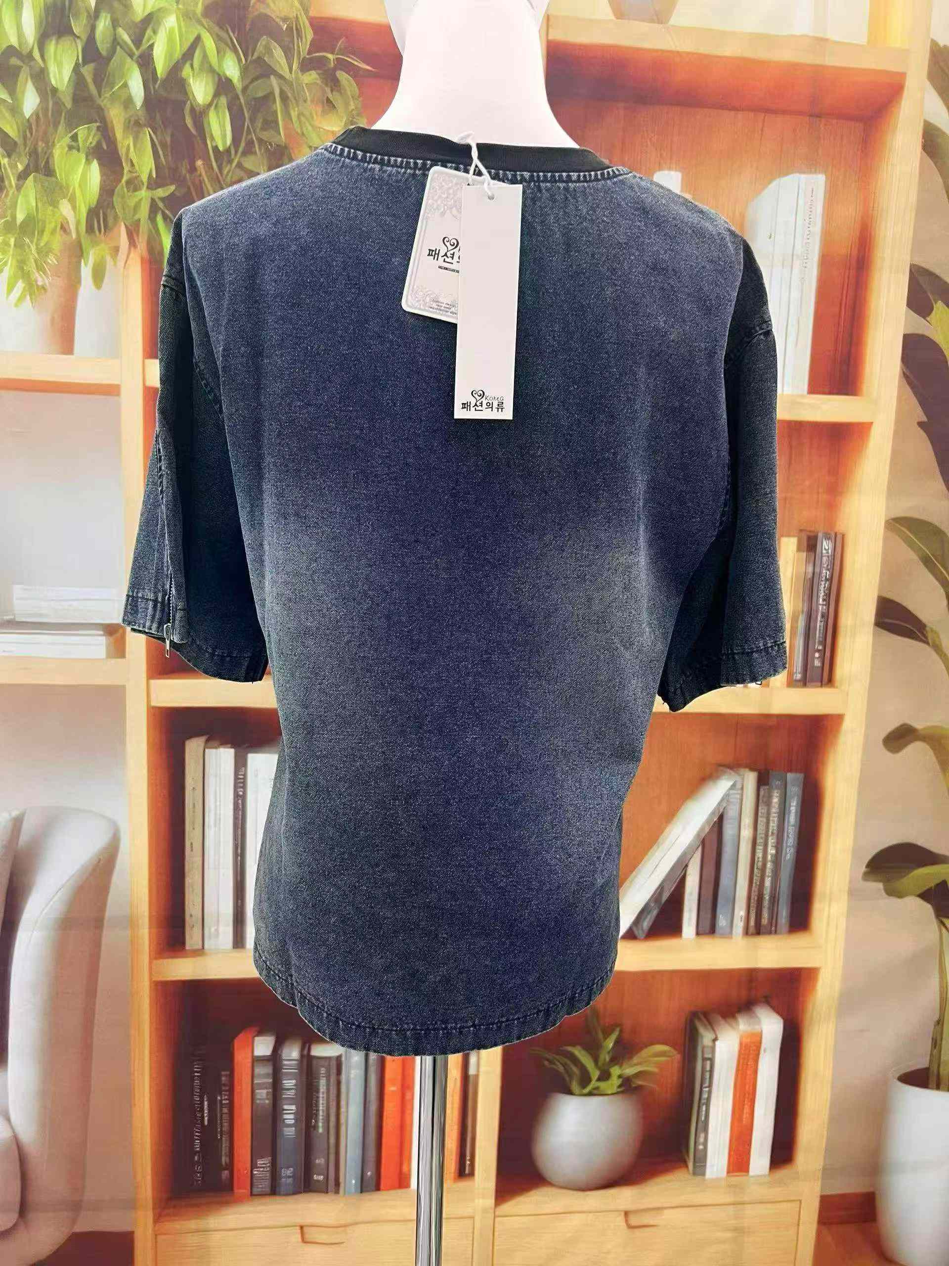 110 Keping Atasan Lengan Pendek Denim Bersulam Gaya Antik Dicuci - Image 4