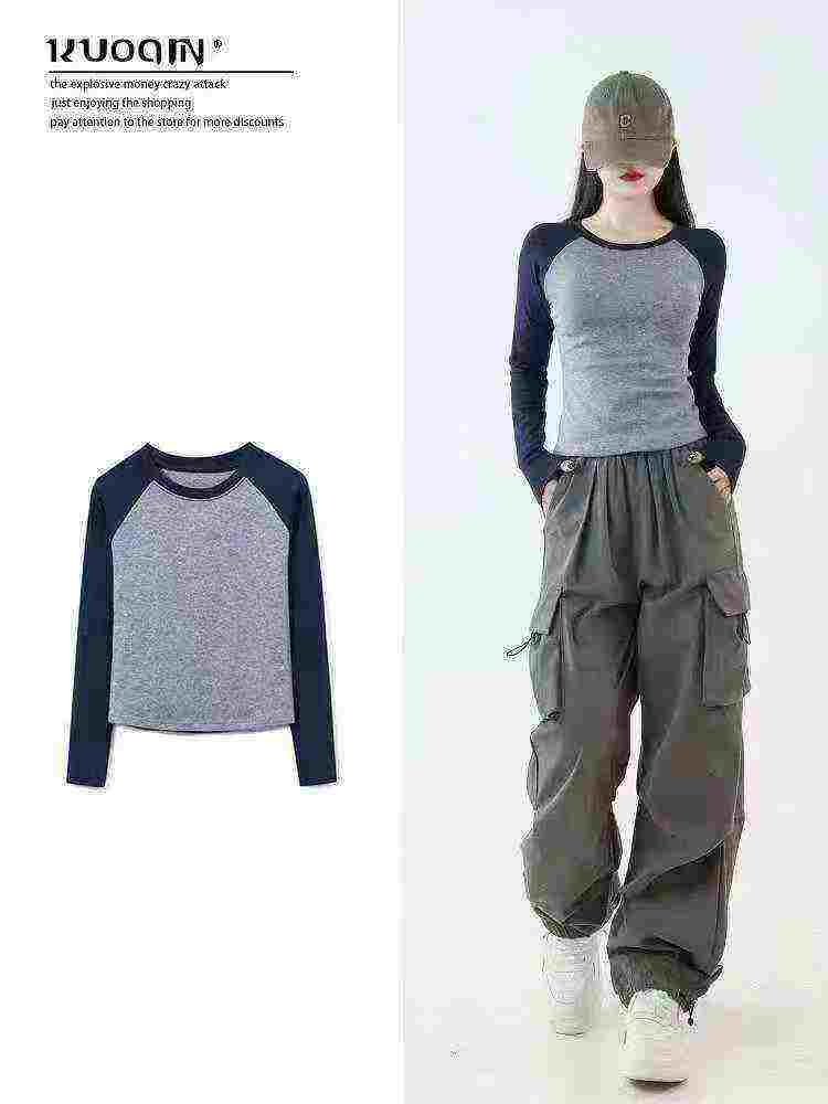 Women's Spring Autumn Contrast Raglan Long Sleeve Slim Crop Top, Total 80 Pieces - Image 2