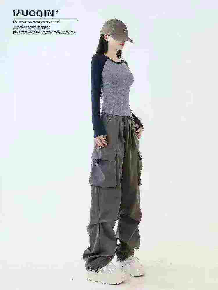 Women's Spring Autumn Contrast Raglan Long Sleeve Slim Crop Top, Total 80 Pieces - Image 3