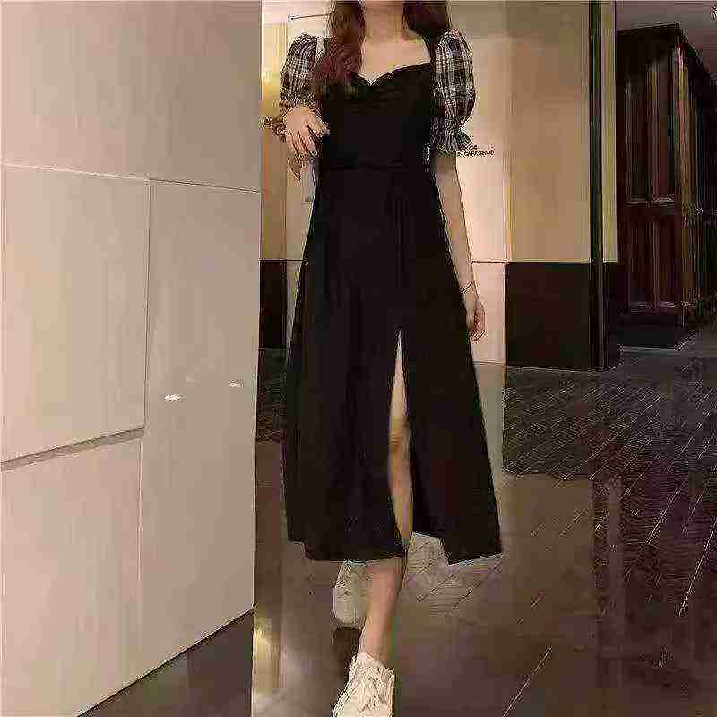 111 Pieces Recycled Hepburn Style Puff Sleeve Slim Waist Split Dress - Image 5