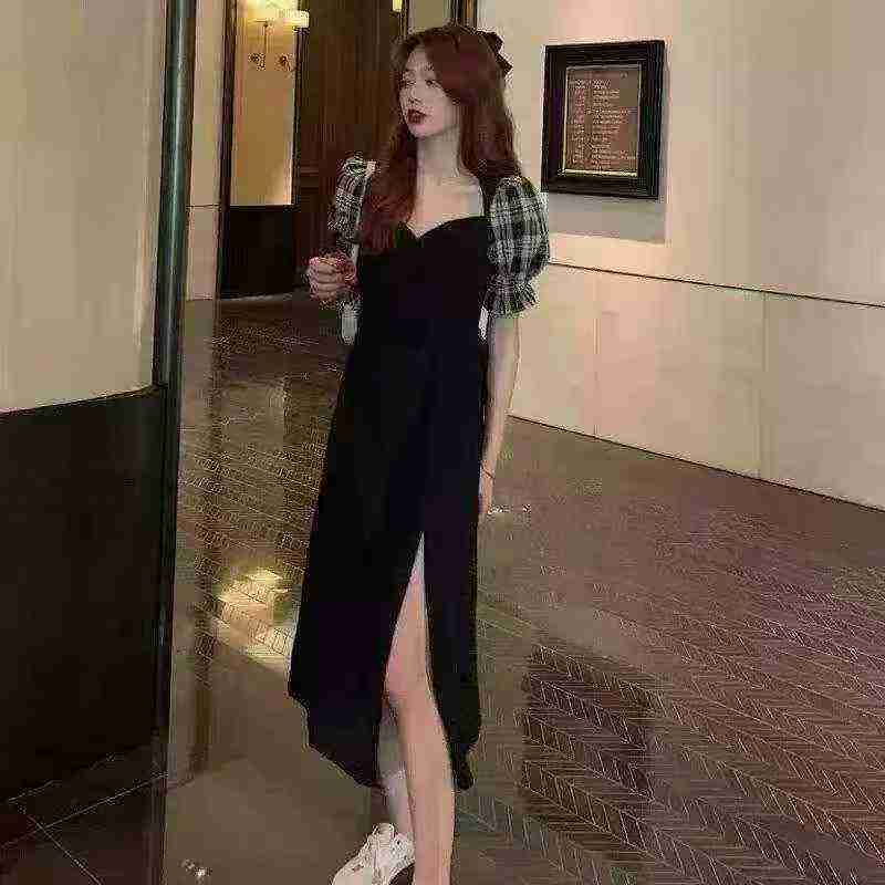 111 Pieces Recycled Hepburn Style Puff Sleeve Slim Waist Split Dress - Image 6